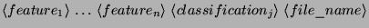 $\displaystyle \left\langle feature_{1}\right\rangle \, \ldots \, \left\langle f...
...langle classification_{j}\right\rangle \, \left\langle file\_name\right\rangle $